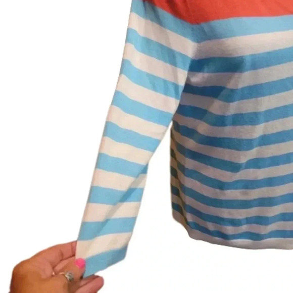 Talbott Petite Striped Sweater with button back. Coral/Blue/White - Picture 4 of 7